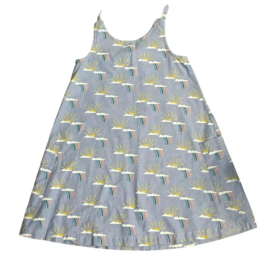 Hanna Andersson Size 140 US 10 Rainbow Print Sundress Dress Blue Oxford Cloth